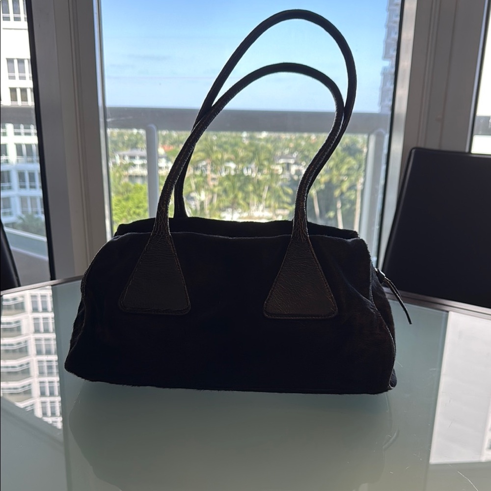 Miu Miu Brown Shoulder Bag with Textured Fabric and Arched Handles
